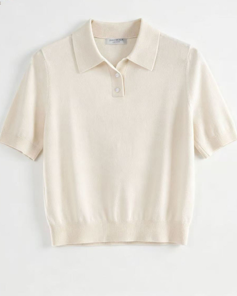 Cream Polo Collar Fine Knit Short Sleeve Cashmere Top with Metallic Filament