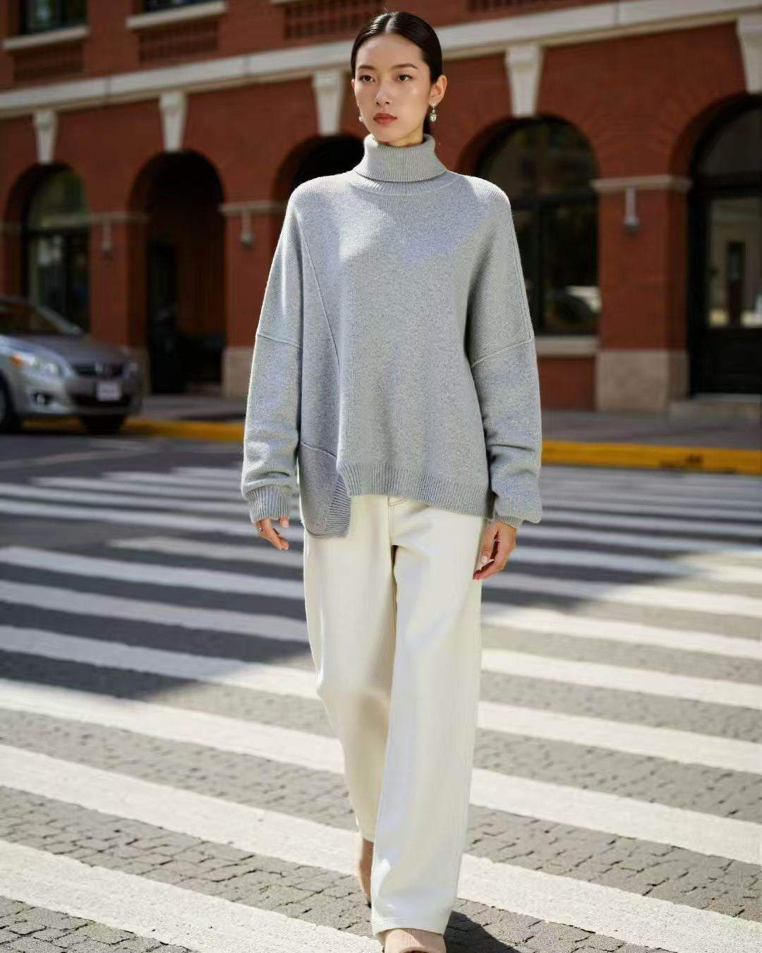 Asymmetrical Split Hem Turtleneck Sweater, 100% Consinee Baby Cashmere Oversized Loose Knit Top