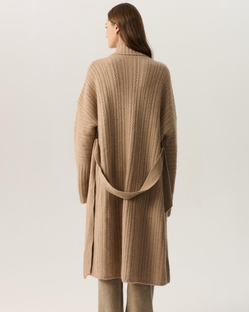 100% Pure Cashmere Long Belted Wrap Coat | Ribbed Knit Oversized Loungewear Cardigan