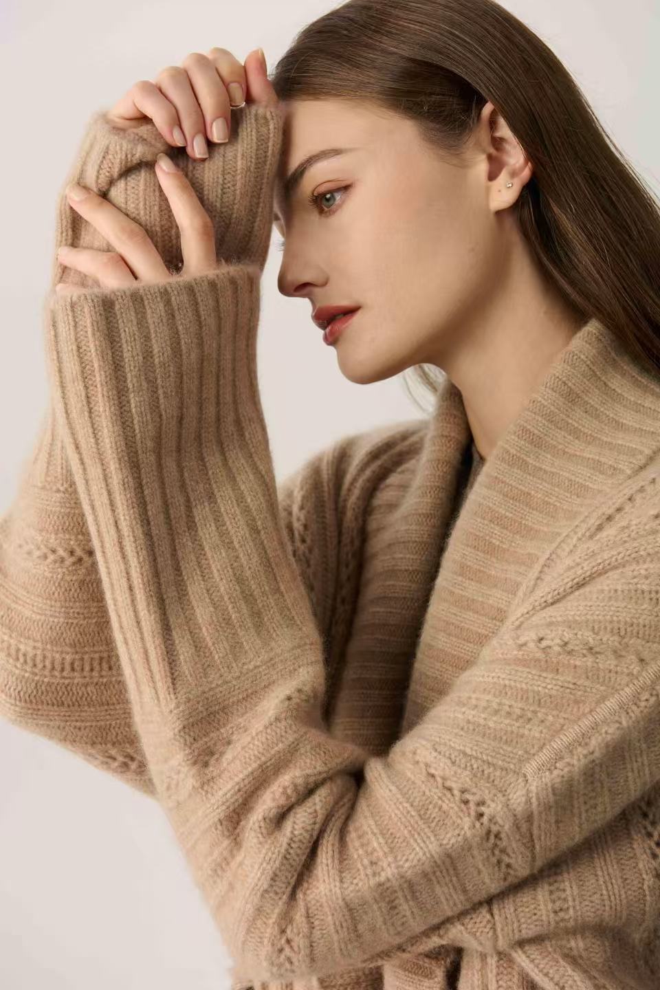 100% Pure Cashmere Long Belted Wrap Coat | Ribbed Knit Oversized Loungewear Cardigan