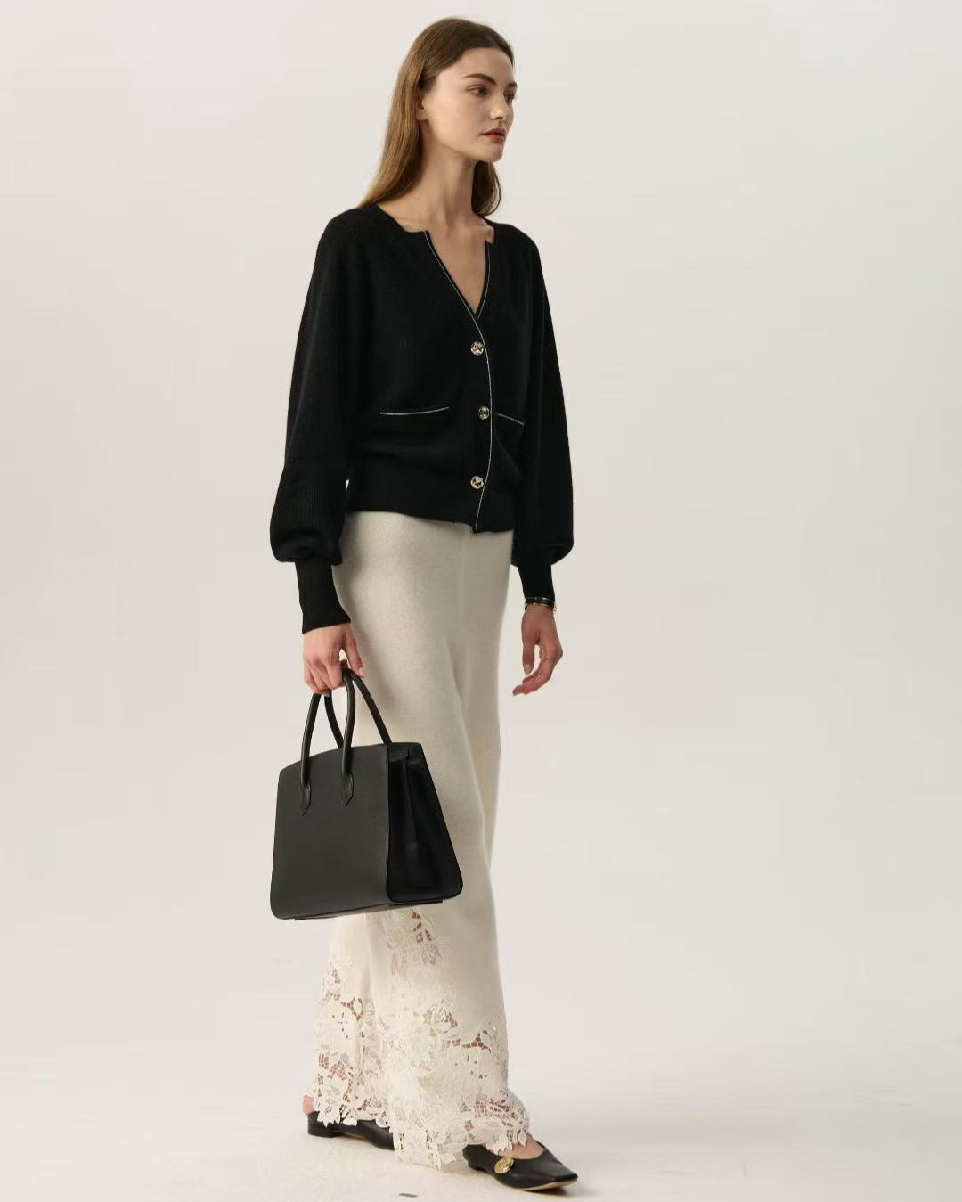 100% Cashmere V Neck Puff Sleeve Black Cardigan Gold Buttons