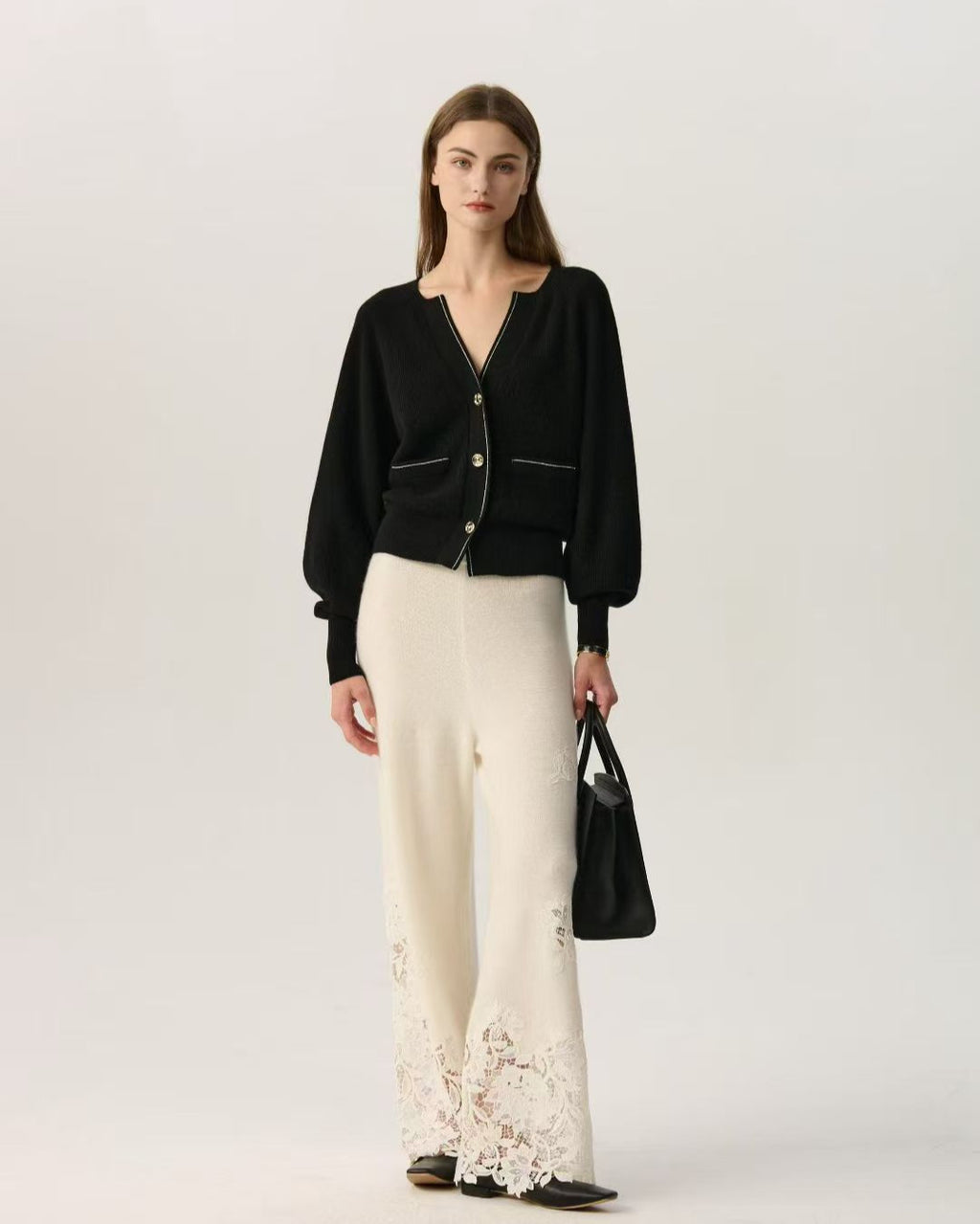 100% Cashmere V Neck Puff Sleeve  Bronze Cardigan Gold Buttons