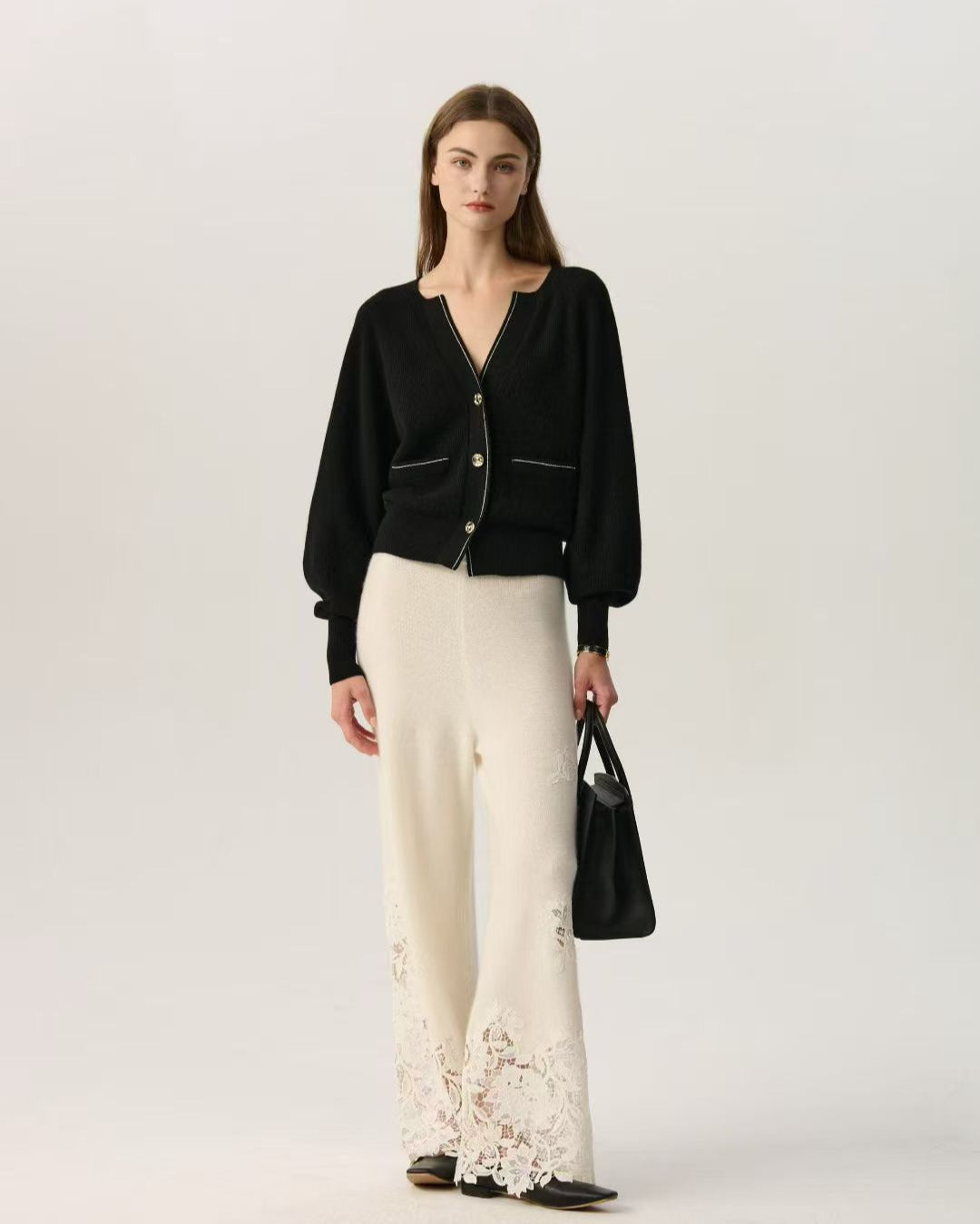 100% Cashmere V Neck Puff Sleeve  Bronze Cardigan Gold Buttons