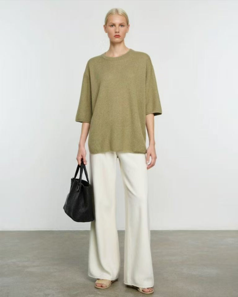 100% Cashmere GREEN Knit T-Shirt | Consinee yarn