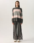 Grey Pink Striped Color Block Oversized Cashmere Sweate