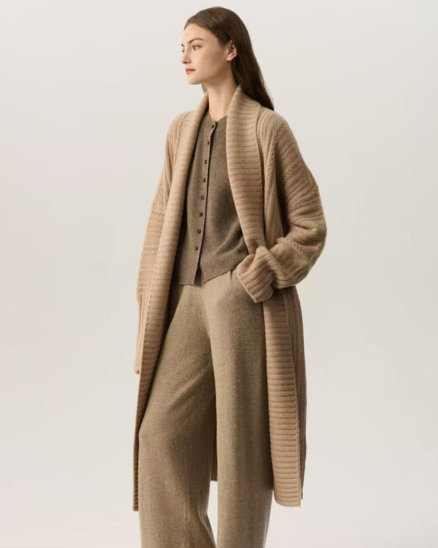 100% Pure Cashmere Long Belted Wrap Coat | Ribbed Knit Oversized Loungewear Cardigan