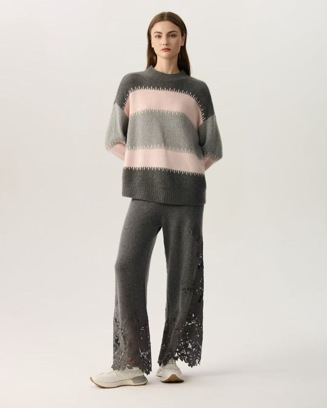 Grey Pink Striped Color Block Oversized Cashmere Sweate