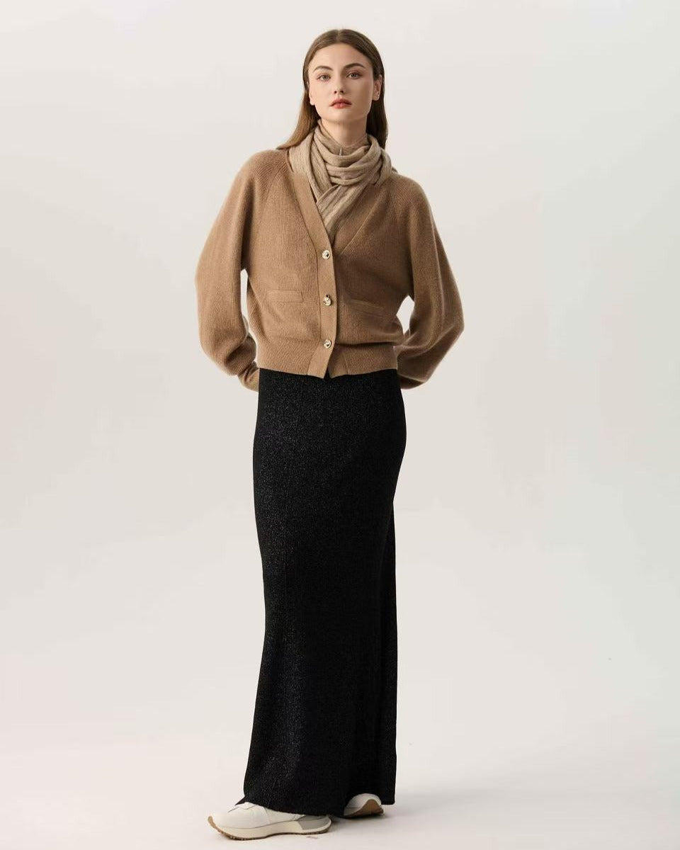 100% Cashmere V Neck Puff Sleeve  Bronze Cardigan Gold Buttons