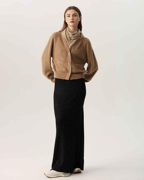 100% Cashmere V Neck Puff Sleeve  Bronze Cardigan Gold Buttons
