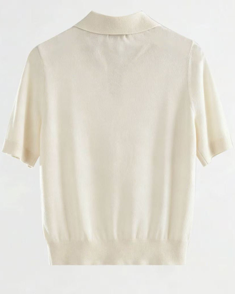 Cream Polo Collar Fine Knit Short Sleeve Cashmere Top with Metallic Filament