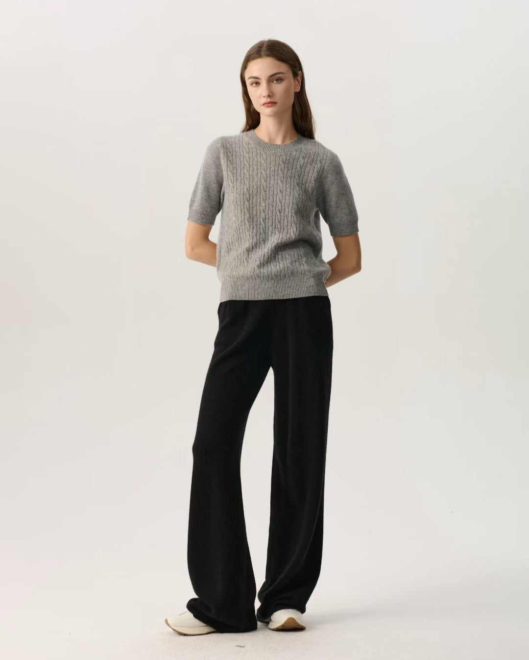 100% Pure Cashmere Cable Knit Short Sleeve Top | Grey Crew Neck Cashmere T-Shirt