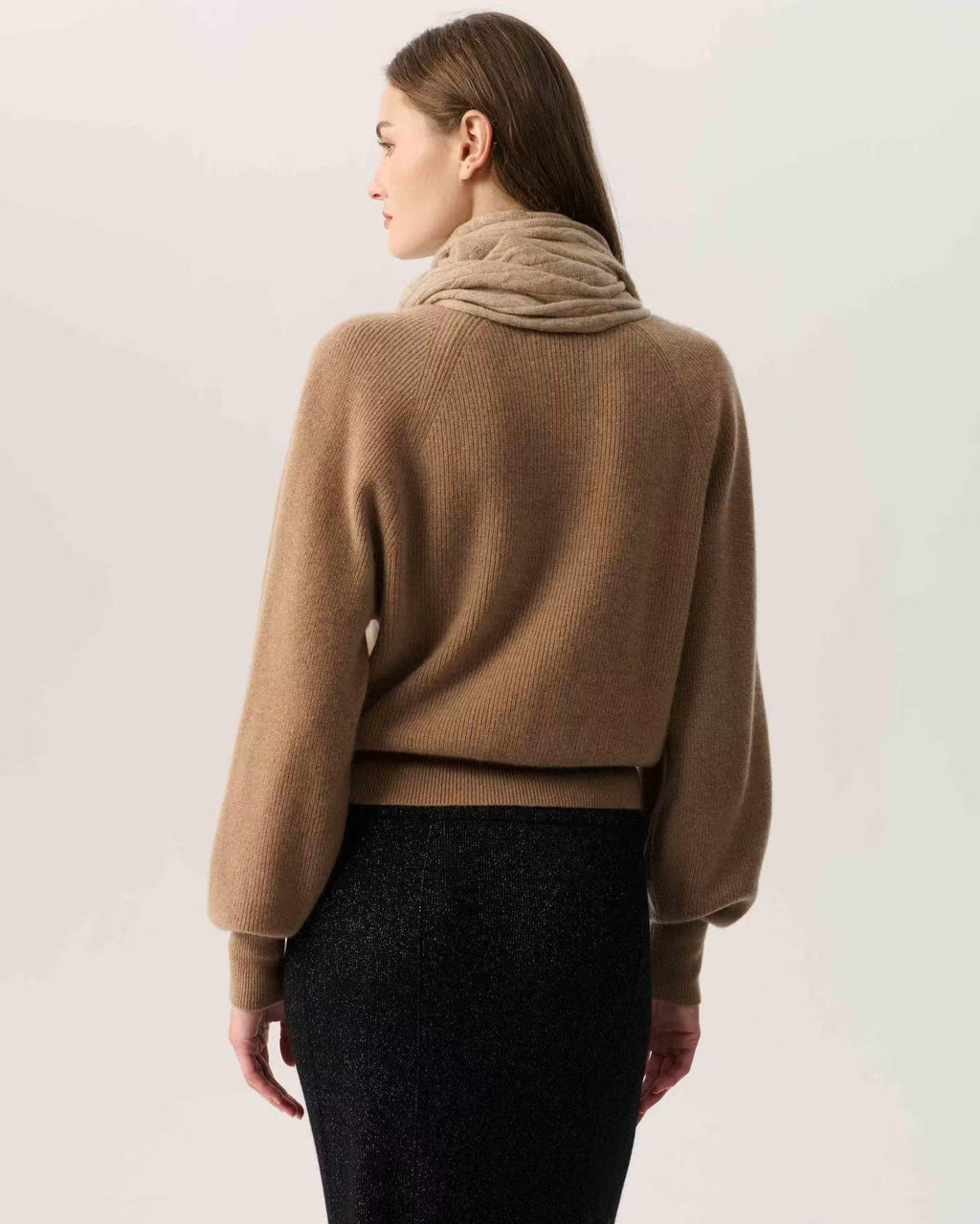 100% Cashmere V Neck Puff Sleeve  Bronze Cardigan Gold Buttons