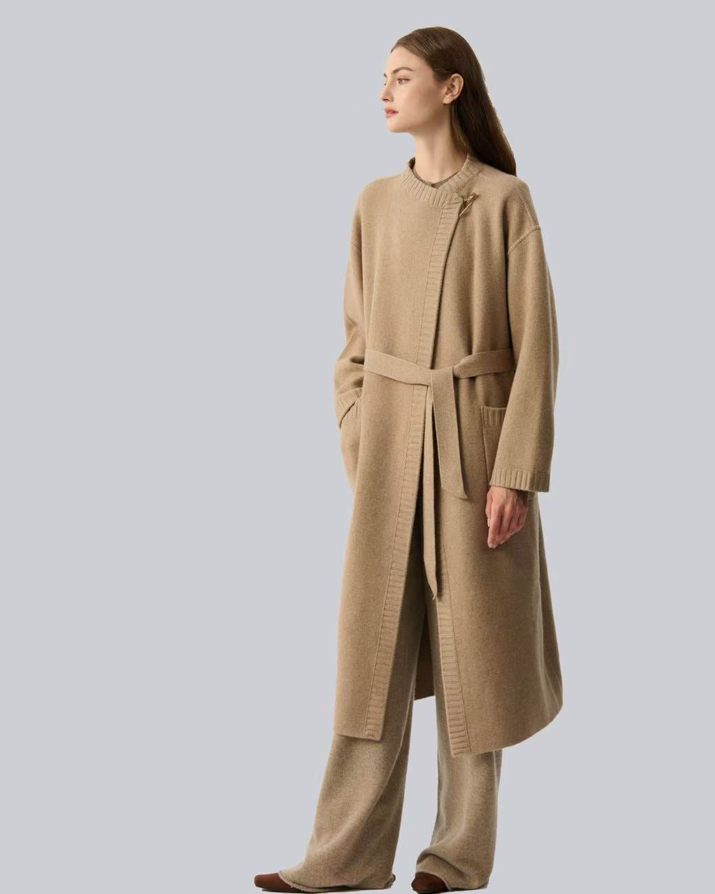 100% Cashmere Long Coat Asymmetric Button Belted Oversized Knit Outerwear