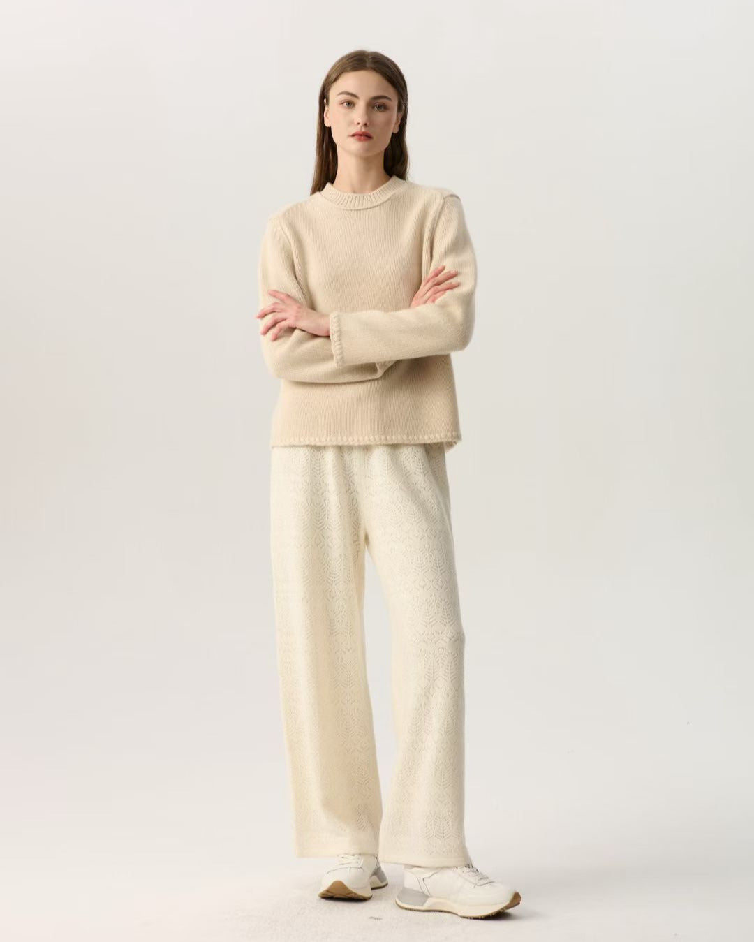 100% Pure Cashmere Crew Neck Sweater Women Minimalist Roll Hem Knit Pullover Soft Warm Neutral Beige Long Sleeve Jumper