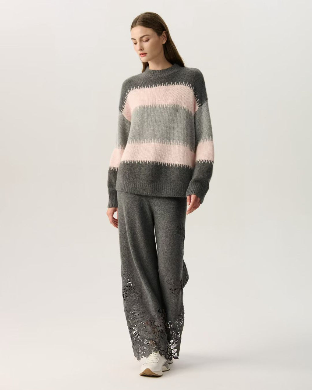 Grey Pink Striped Color Block Oversized Cashmere Sweate