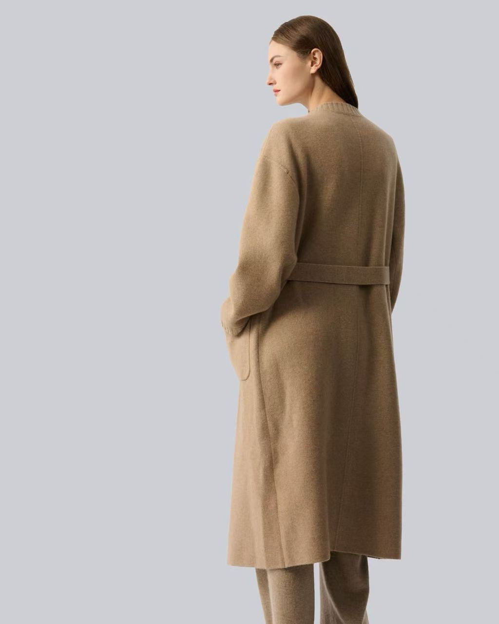 100% Cashmere Long Coat Asymmetric Button Belted Oversized Knit Outerwear