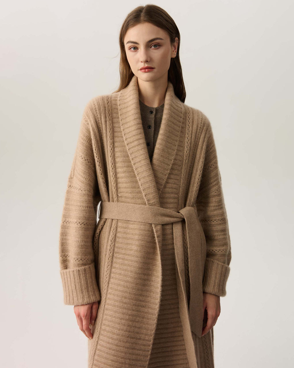 100% Pure Cashmere Long Belted Wrap Coat | Ribbed Knit Oversized Loungewear Cardigan