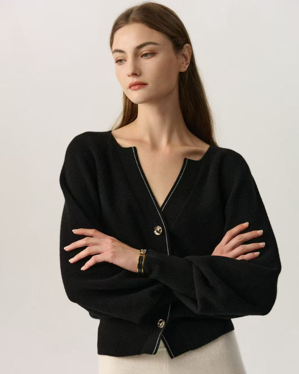 100% Cashmere V Neck Puff Sleeve Black Cardigan Gold Buttons