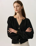 100% Cashmere V Neck Puff Sleeve Black Cardigan Gold Buttons