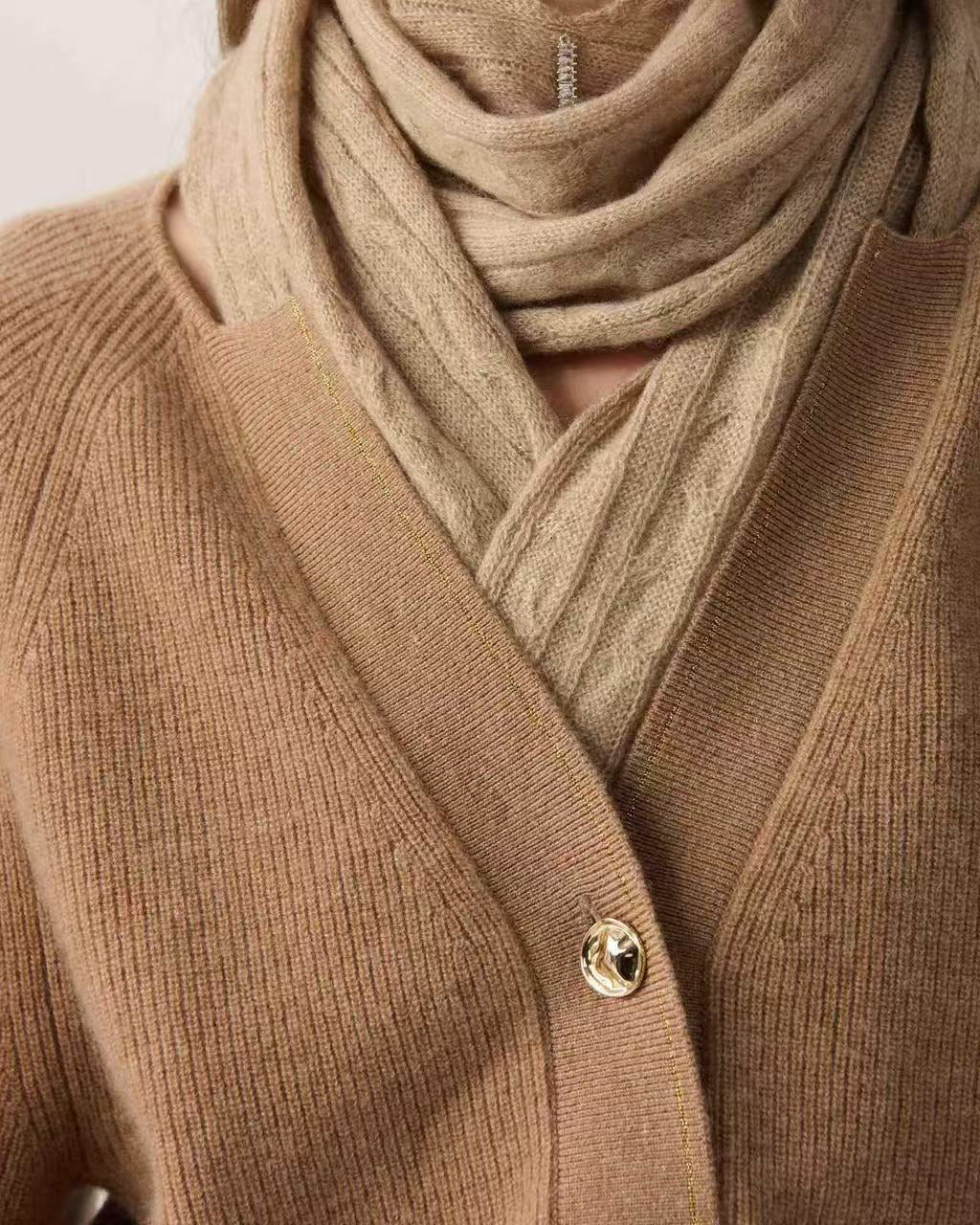 100% Cashmere V Neck Puff Sleeve  Bronze Cardigan Gold Buttons