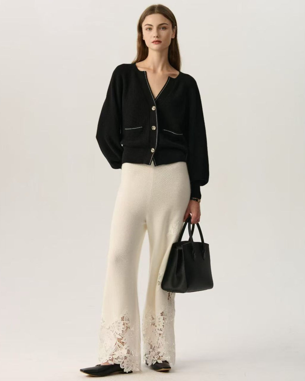 100% Cashmere V Neck Puff Sleeve Black Cardigan Gold Buttons