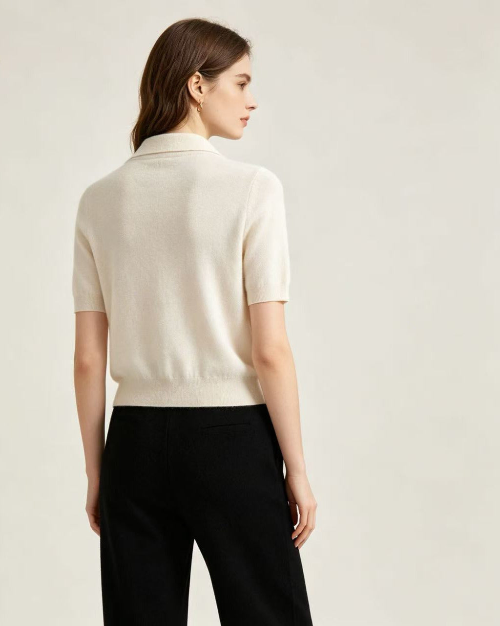Cream Polo Collar Fine Knit Short Sleeve Cashmere Top with Metallic Filament