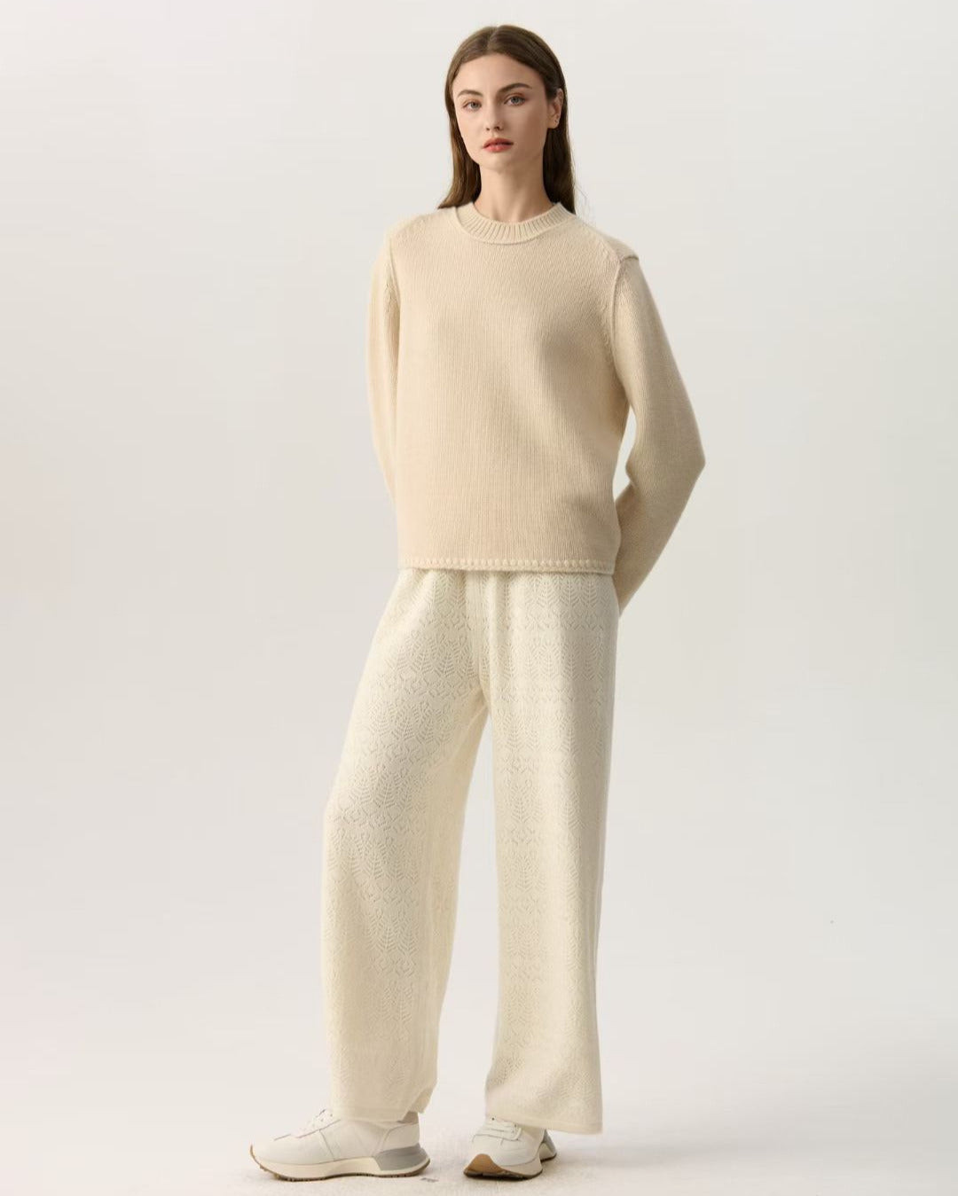 100% Pure Cashmere Crew Neck Sweater Women Minimalist Roll Hem Knit Pullover Soft Warm Neutral Beige Long Sleeve Jumper