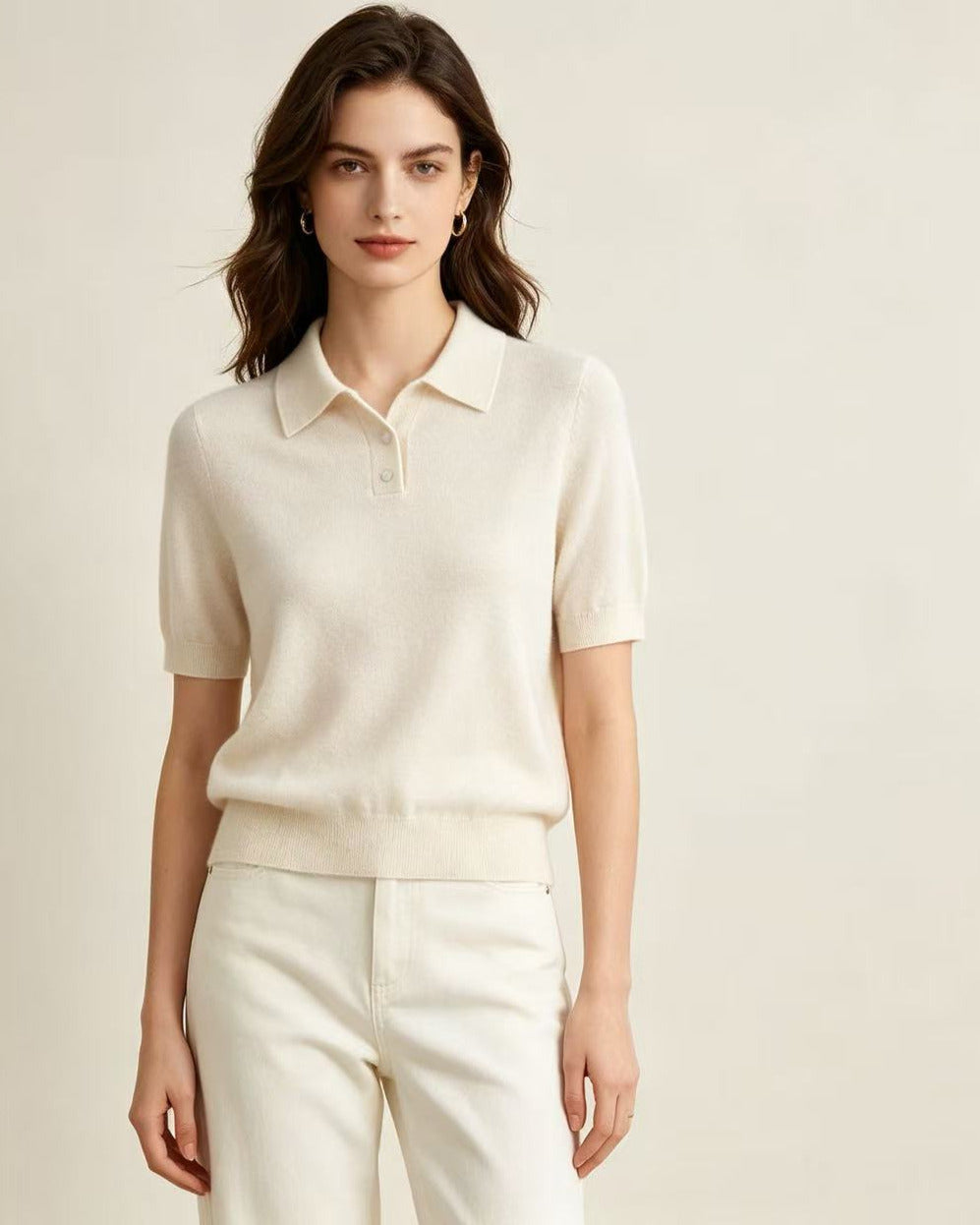 Cream Polo Collar Fine Knit Short Sleeve Cashmere Top with Metallic Filament