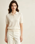Cream Polo Collar Fine Knit Short Sleeve Cashmere Top with Metallic Filament