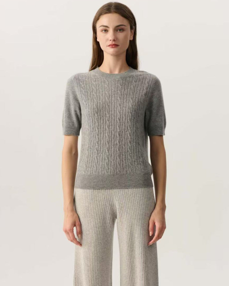 100% Pure Cashmere Cable Knit Short Sleeve Top | Grey Crew Neck Cashmere T-Shirt