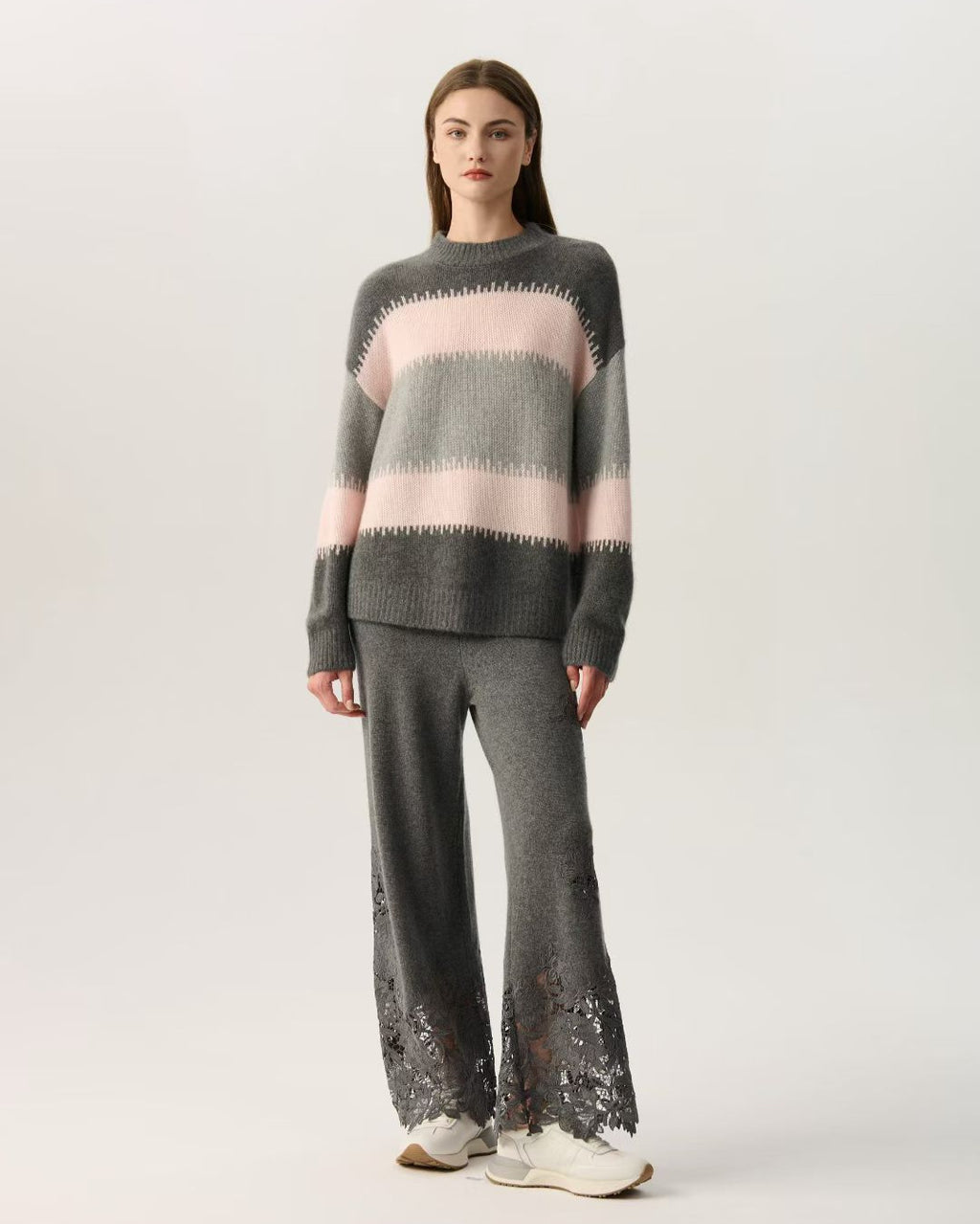Grey Pink Striped Color Block Oversized Cashmere Sweate