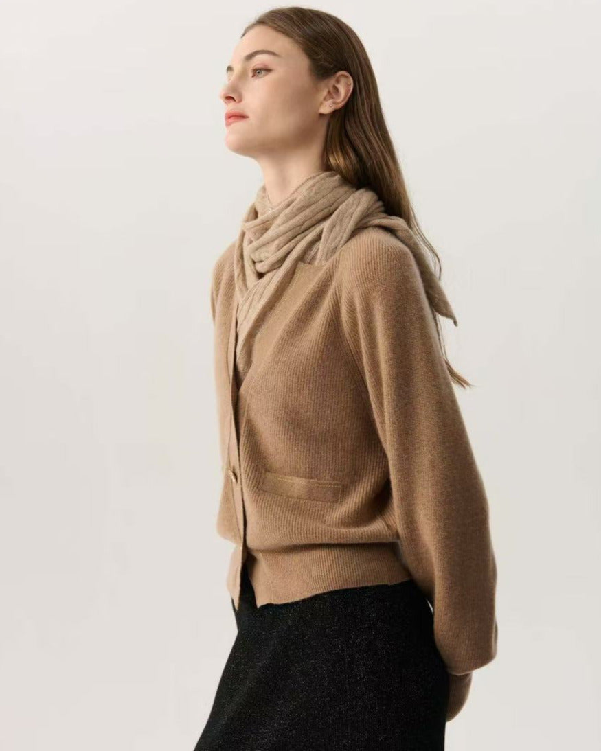100% Cashmere V Neck Puff Sleeve  Bronze Cardigan Gold Buttons