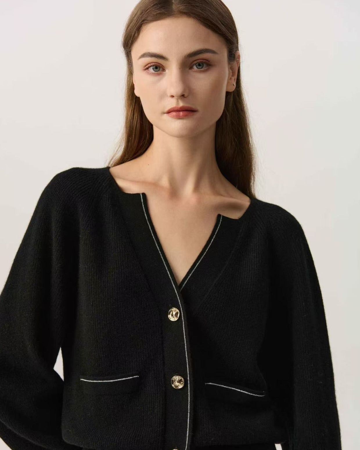100% Cashmere V Neck Puff Sleeve  Bronze Cardigan Gold Buttons