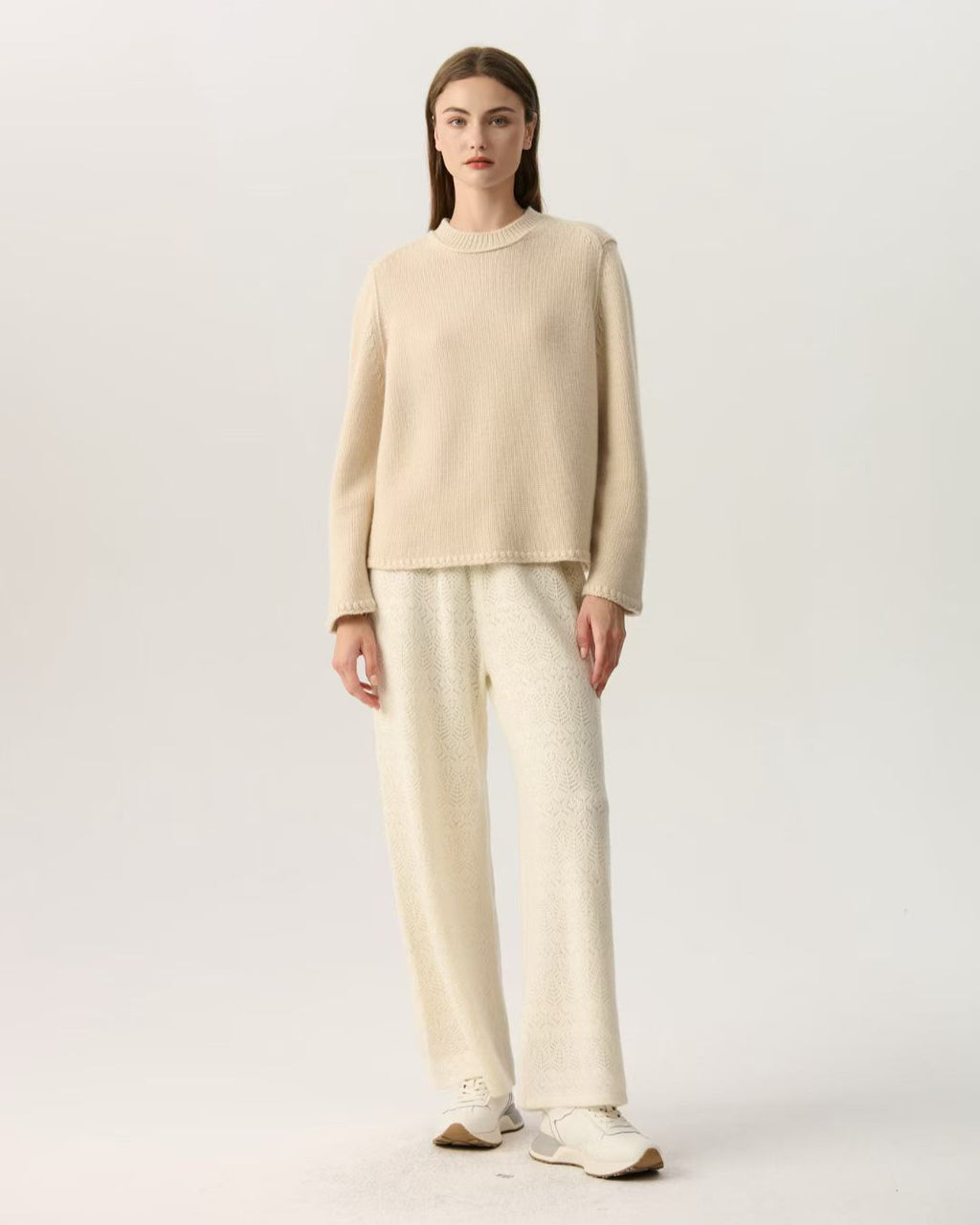 100% Pure Cashmere Crew Neck Sweater Women Minimalist Roll Hem Knit Pullover Soft Warm Neutral Beige Long Sleeve Jumper
