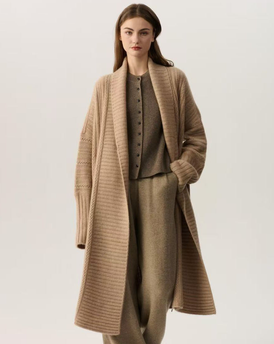 100% Pure Cashmere Long Belted Wrap Coat | Ribbed Knit Oversized Loungewear Cardigan
