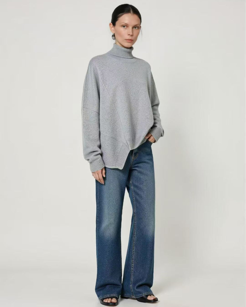 Asymmetrical Split Hem Turtleneck Sweater, 100% Consinee Baby Cashmere Oversized Loose Knit Top