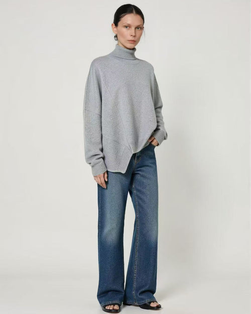 Asymmetrical Split Hem Turtleneck Sweater, 100% Consinee Baby Cashmere Oversized Loose Knit Top