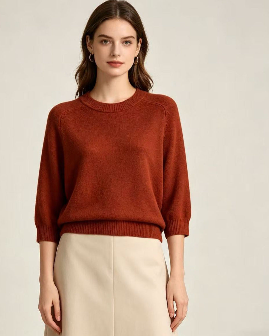 Round Neck 7/8 Sleeve 100% Inner Mongolian Cashmere Knit Top