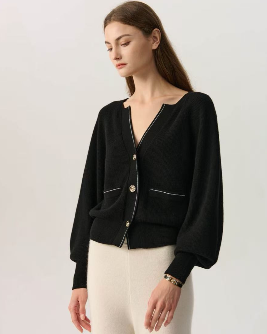 100% Cashmere V Neck Puff Sleeve  Bronze Cardigan Gold Buttons