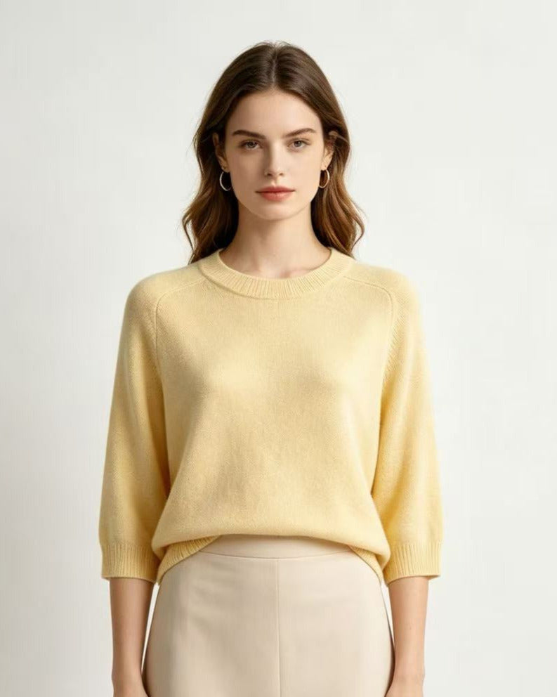 Round Neck 7/8 Sleeve 100% Inner Mongolian Cashmere Knit Top