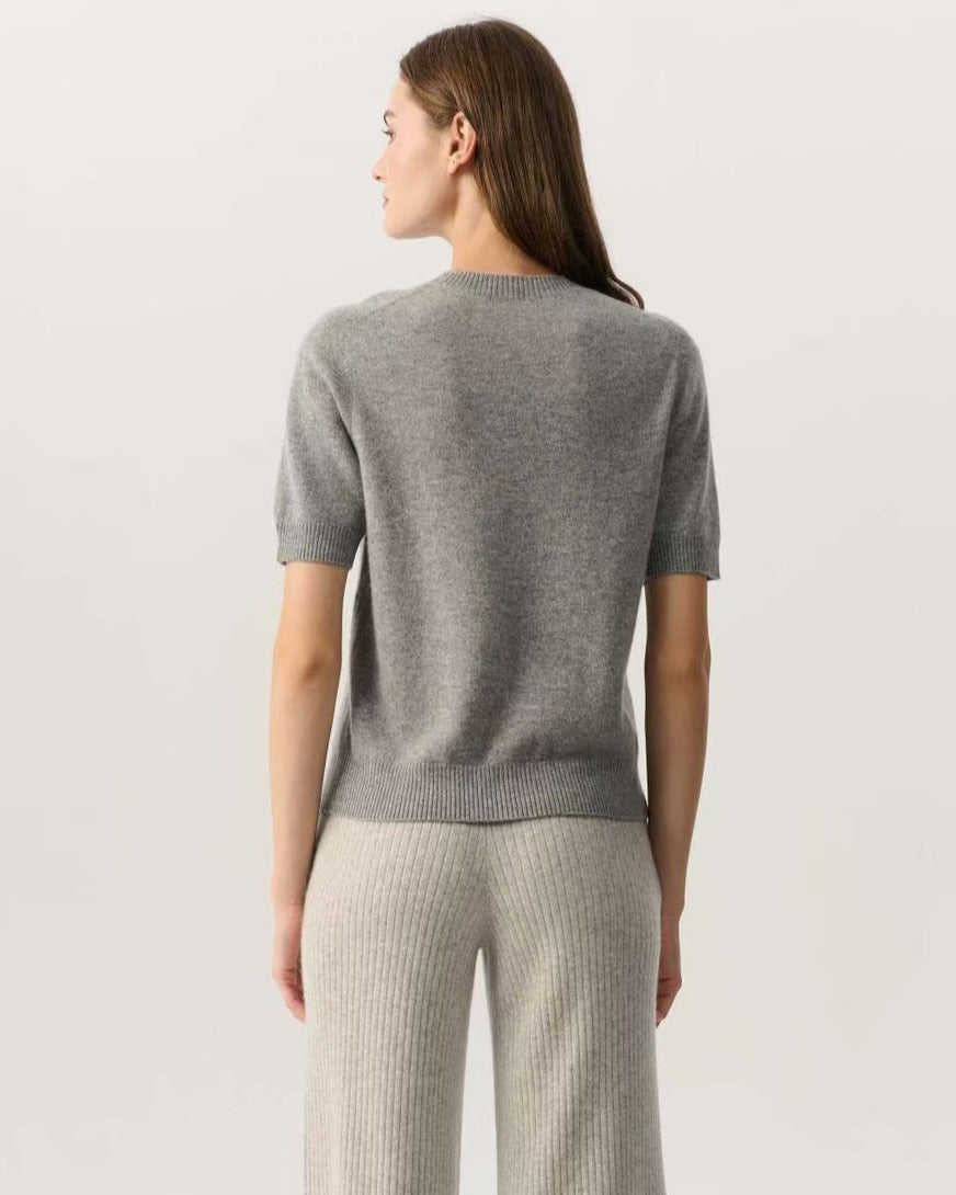 100% Pure Cashmere Cable Knit Short Sleeve Top | Grey Crew Neck Cashmere T-Shirt