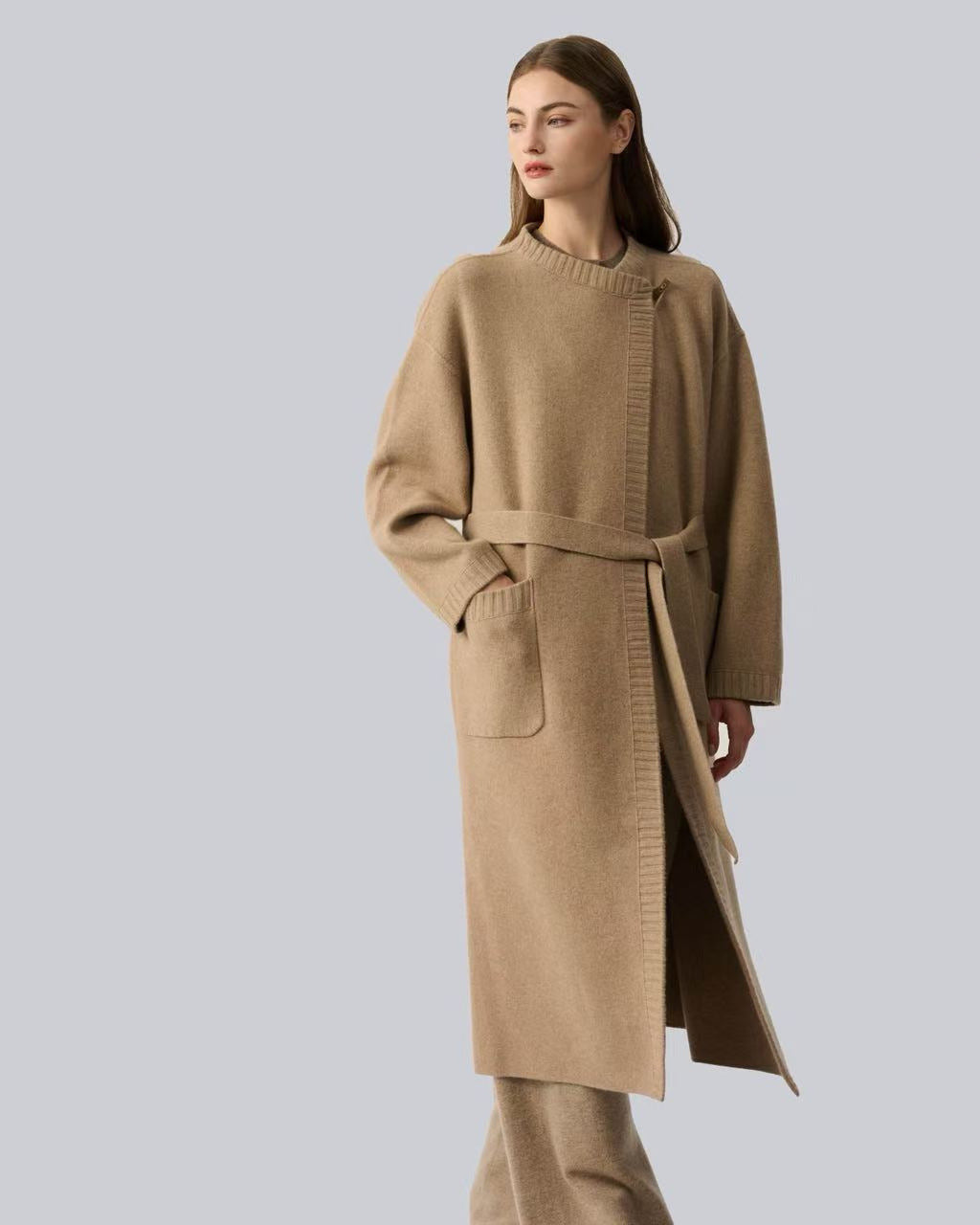 100% Cashmere Long Coat Asymmetric Button Belted Oversized Knit Outerwear