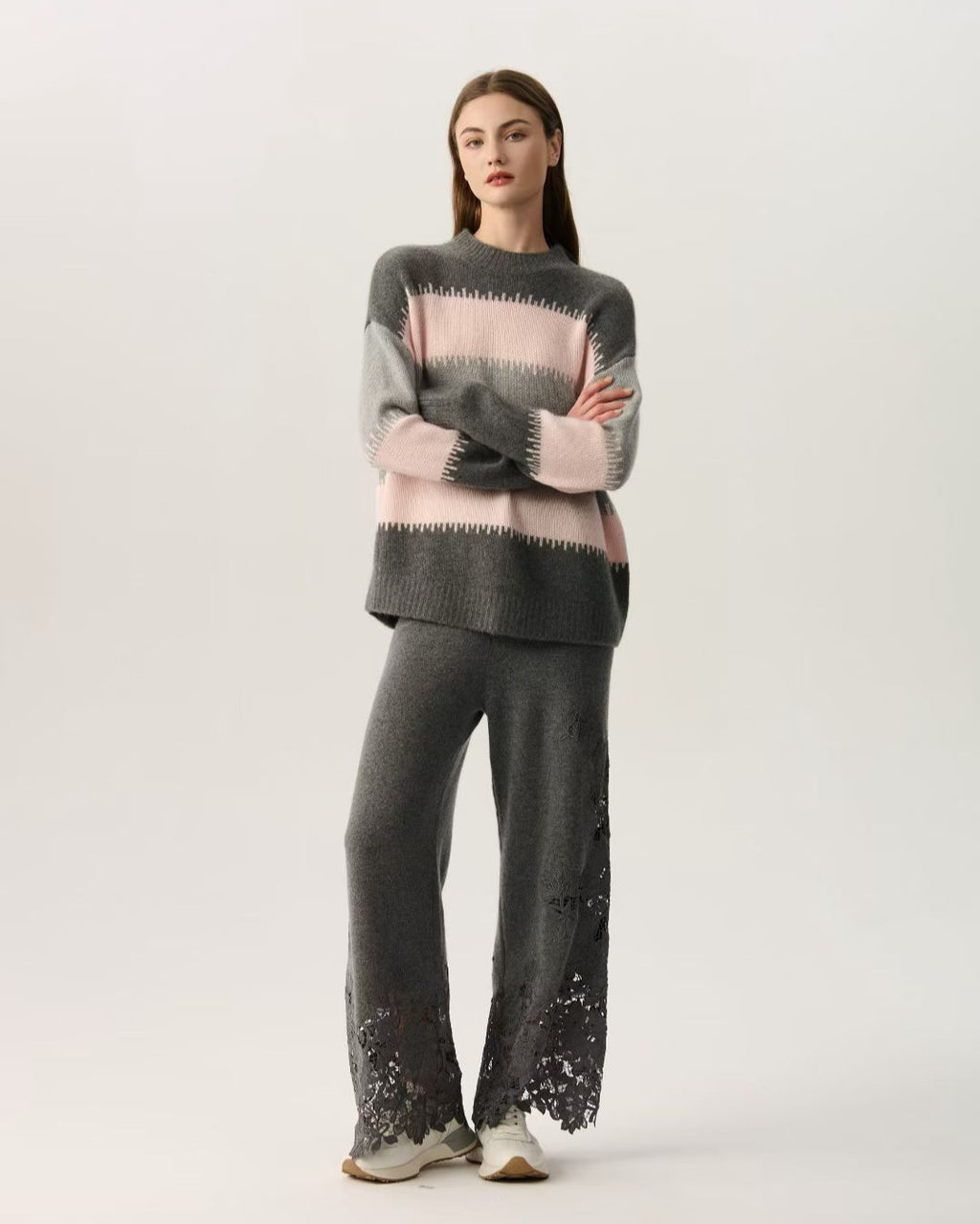 Grey Pink Striped Color Block Oversized Cashmere Sweate