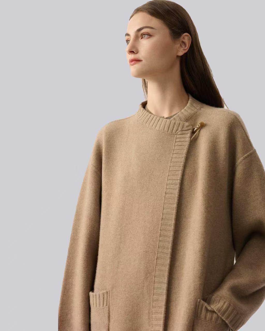 100% Cashmere Long Coat Asymmetric Button Belted Oversized Knit Outerwear