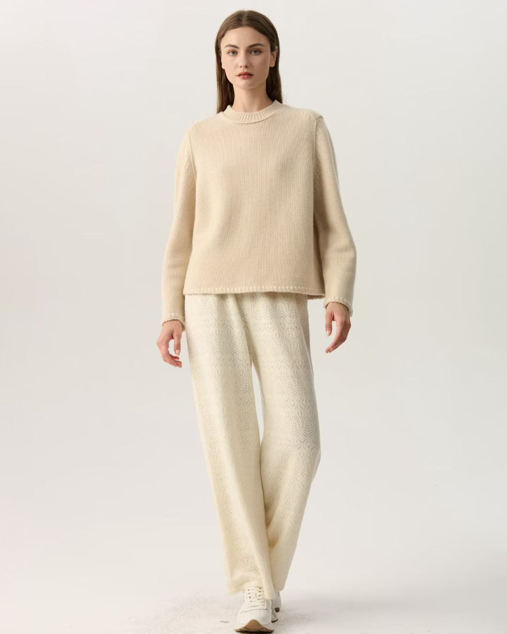100% Pure Cashmere Crew Neck Sweater Women Minimalist Roll Hem Knit Pullover Soft Warm Neutral Beige Long Sleeve Jumper