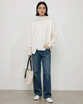 Asymmetrical Split Hem Turtleneck Sweater, 100% Consinee Baby Cashmere Oversized Loose Knit Top