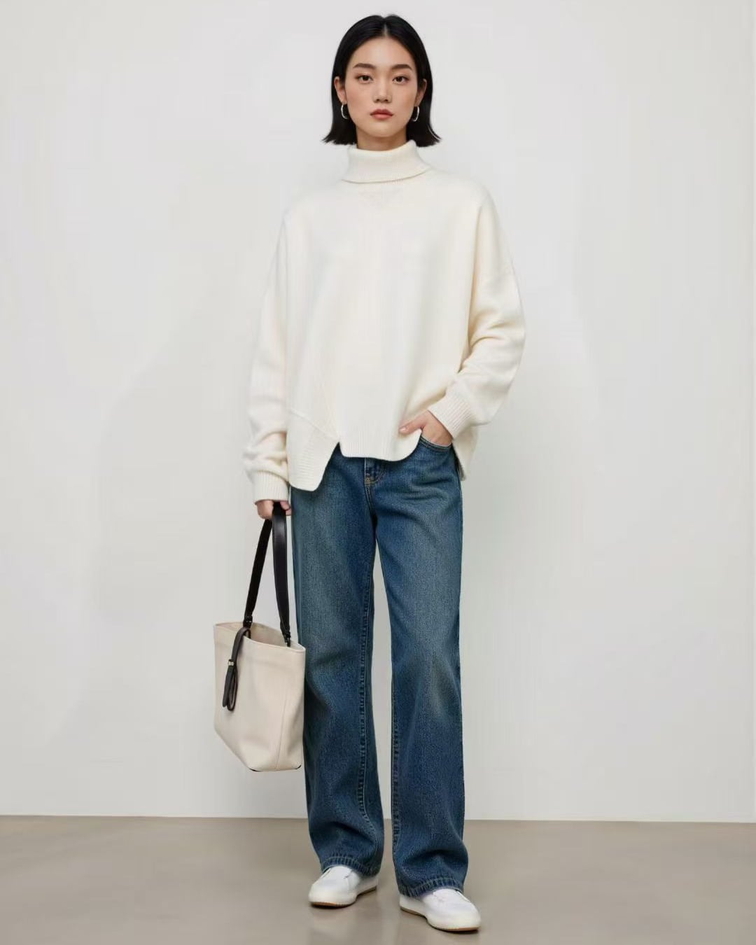 Asymmetrical Split Hem Turtleneck Sweater, 100% Consinee Baby Cashmere Oversized Loose Knit Top