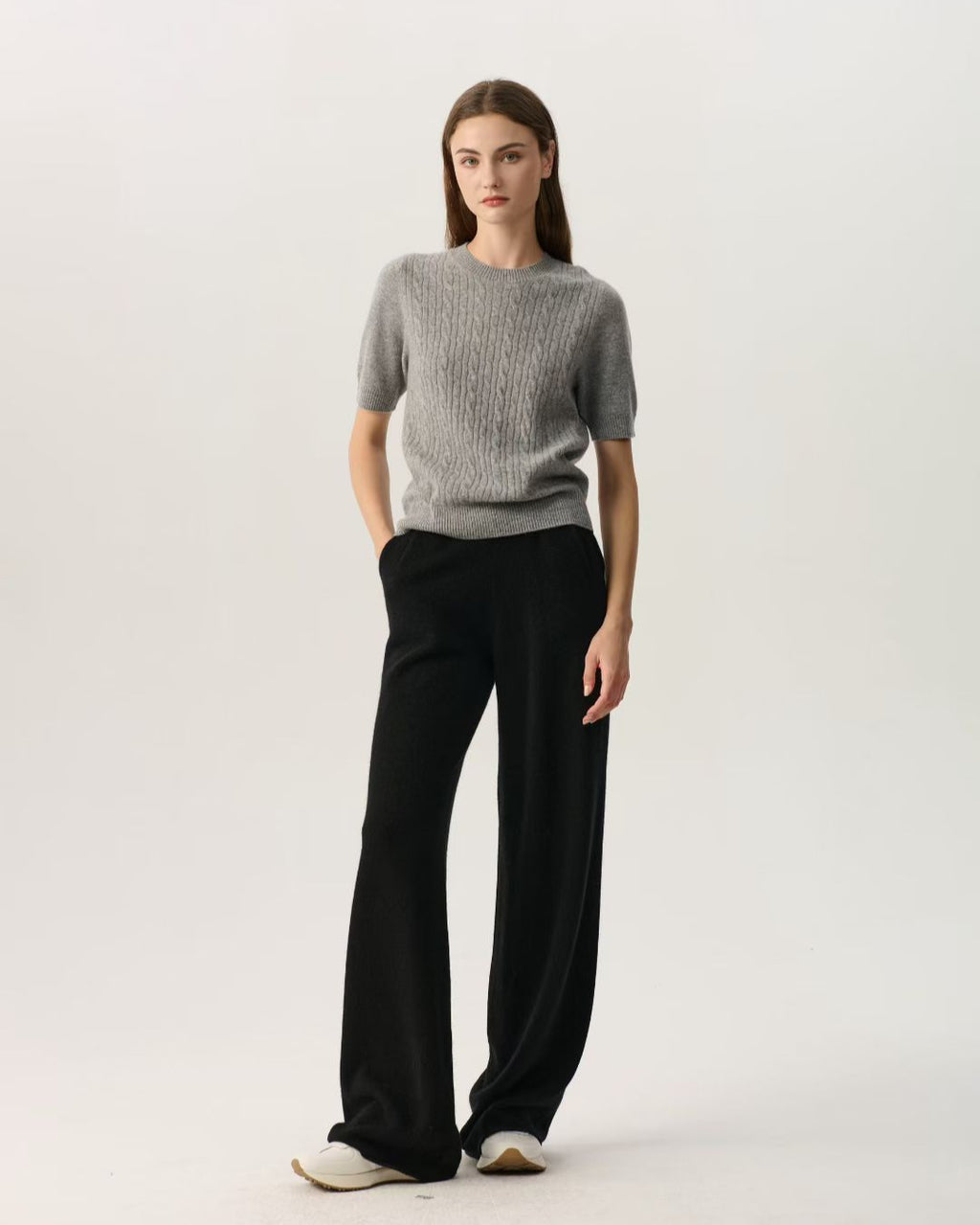 100% Pure Cashmere Cable Knit Short Sleeve Top | Grey Crew Neck Cashmere T-Shirt