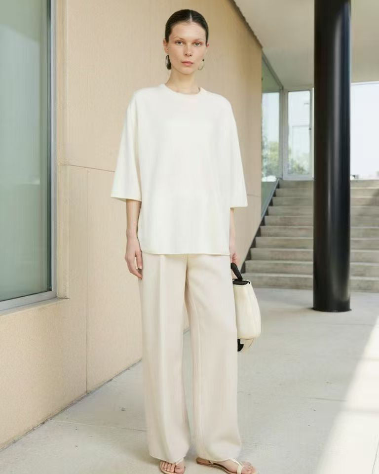 100%Cashmere white Knit T-Shirt | Consinee yarn
