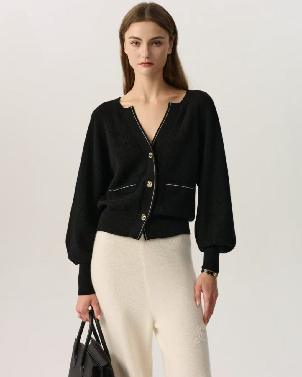 100% Cashmere V Neck Puff Sleeve Black Cardigan Gold Buttons